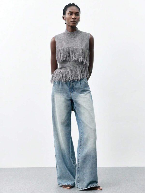Maija Top décontracté sans manches en tricot à pompons, couleur unie, à la mode, ourlet asymétrique, épaules dénudées – Image 39