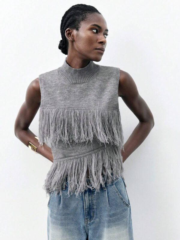 Maija Top décontracté sans manches en tricot à pompons, couleur unie, à la mode, ourlet asymétrique, épaules dénudées – Image 42