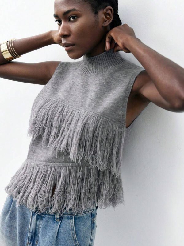 Maija Top décontracté sans manches en tricot à pompons, couleur unie, à la mode, ourlet asymétrique, épaules dénudées – Image 43