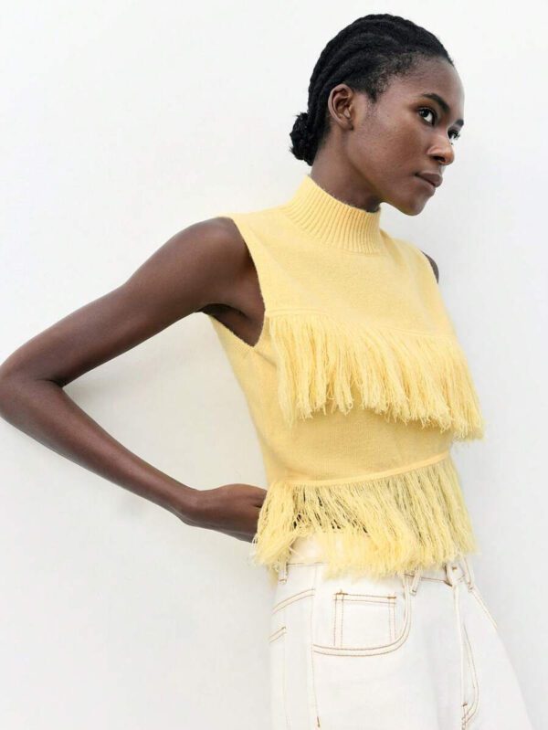 Maija Top décontracté sans manches en tricot à pompons, couleur unie, à la mode, ourlet asymétrique, épaules dénudées – Image 48