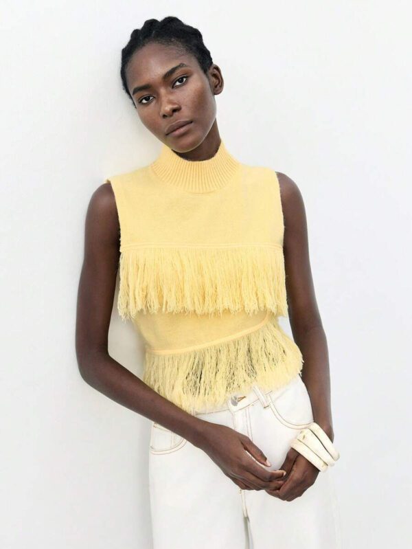 Maija Top décontracté sans manches en tricot à pompons, couleur unie, à la mode, ourlet asymétrique, épaules dénudées – Image 49