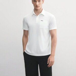 AKNOTIC Business Casual Chemise polo homme à col tricoté blanc, affaires, manches courtes, unicolore