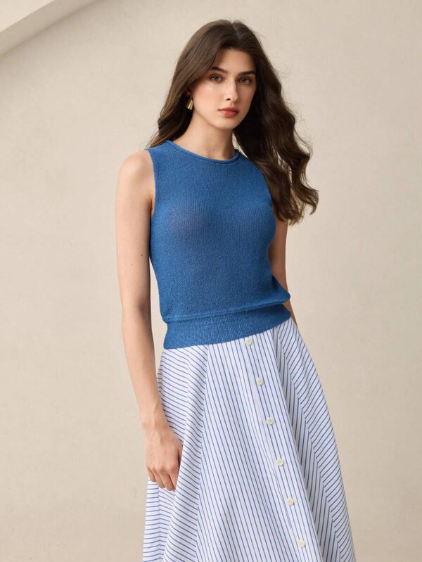 BizChic Tenue de fête pour le festival de musique du jour de l'indépendance d'été 2025, convient pour les invités de mariage, brunch, déplacements urbains élégants, rendez-vous décontractés romantiques, tenue de travail, sorties, vacances, remise de diplômes, festivals de musique, Pâques. Top sans manches en tricot bleu pour femmes – Image 2