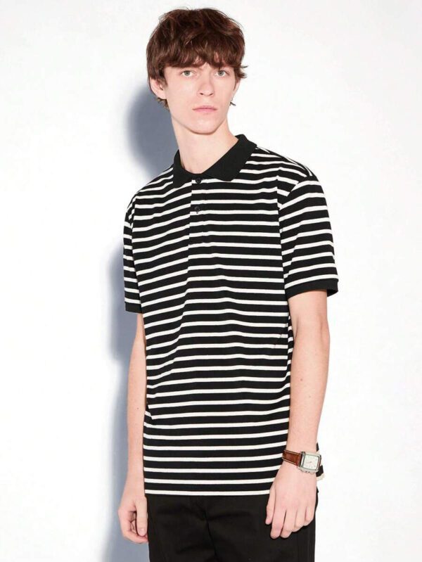AKNOTIC Business Casual Polo en tricot de coton à rayures à manches courtes pour hommes – Image 2