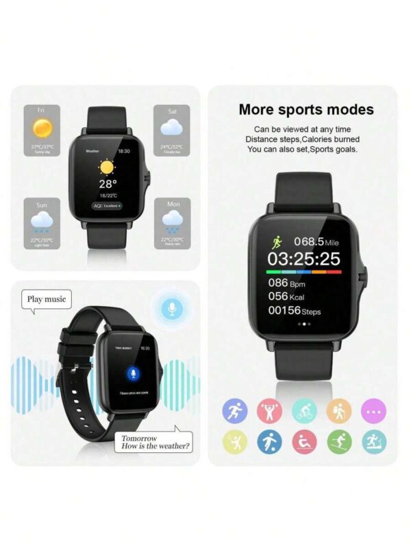 1 pièce Montre connectée de sport unisexe, modes multi-sports, suivi de la distance, contrôle de la musique, télécommande de l'appareil photo, appel sans fil, cadran personnalisable, alerte de message, alarme, affichage de la météo, écran tactile full touch de 1,44 pouces, compatible avec les téléphones iOS/Android – Image 5