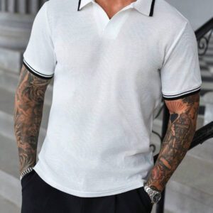 Manfinity Homme Polo à rayures à manches courtes en tissu texturé pour hommes, pour le travail/les déplacements