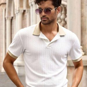 HIMLAND Polo à manches courtes décontracté en tricot jacquard coupe régulière, convient pour un port quotidien