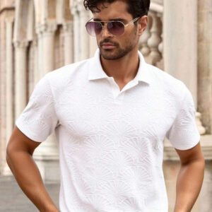 HIMLAND Polo à manches courtes décontracté en tricot jacquard coupe régulière, convient pour un port quotidien