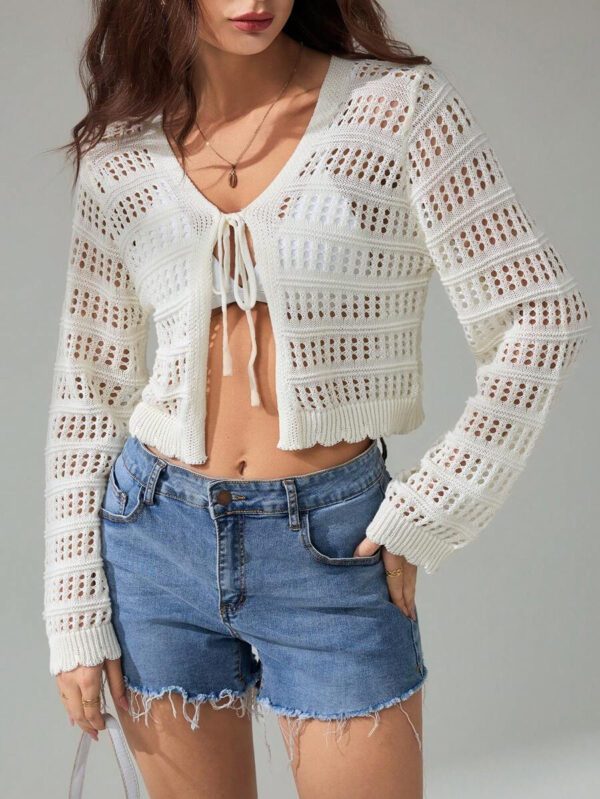 SHEIN Tall Pull tricoté décontracté à manches longues, col en V, lacets, effet ajouré, couleur unie pour femmes – Image 2