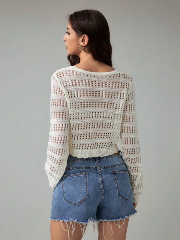SHEIN Tall Pull tricoté décontracté à manches longues, col en V, lacets, effet ajouré, couleur unie pour femmes – Image 3