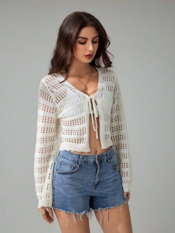 SHEIN Tall Pull tricoté décontracté à manches longues, col en V, lacets, effet ajouré, couleur unie pour femmes – Image 7