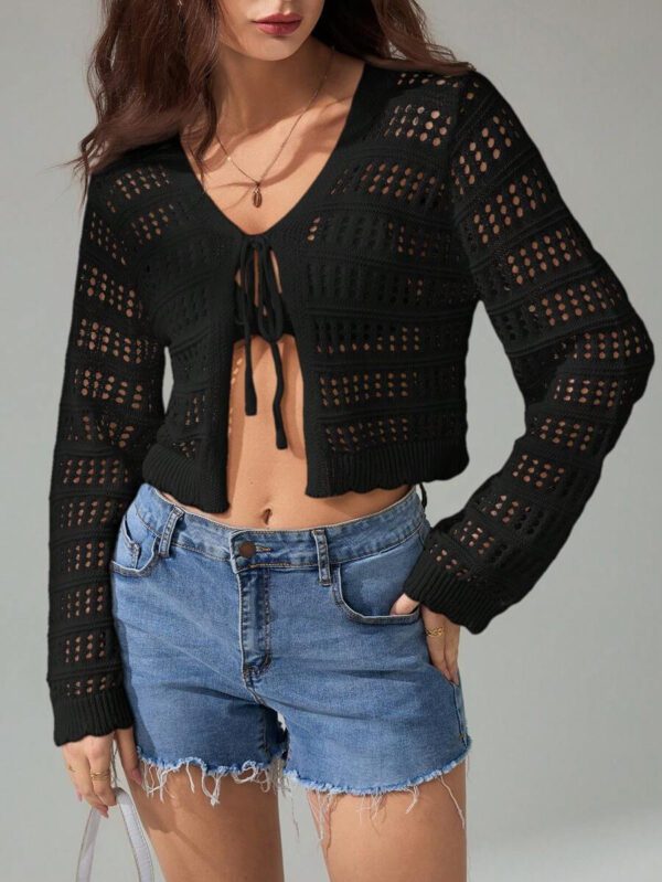 SHEIN Tall Pull tricoté décontracté à manches longues, col en V, lacets, effet ajouré, couleur unie pour femmes – Image 9