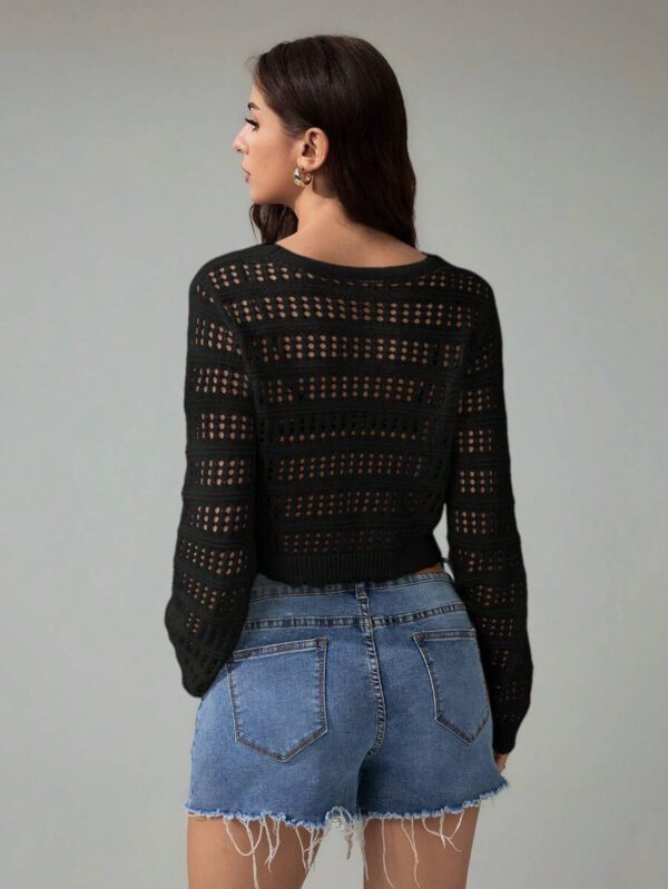SHEIN Tall Pull tricoté décontracté à manches longues, col en V, lacets, effet ajouré, couleur unie pour femmes – Image 10