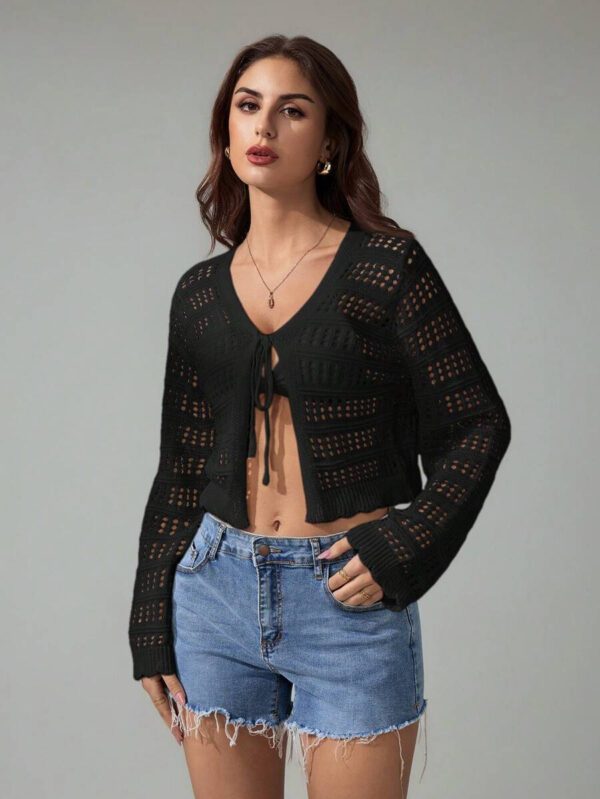 SHEIN Tall Pull tricoté décontracté à manches longues, col en V, lacets, effet ajouré, couleur unie pour femmes – Image 12