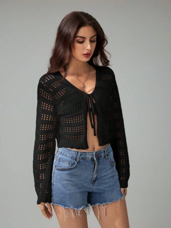 SHEIN Tall Pull tricoté décontracté à manches longues, col en V, lacets, effet ajouré, couleur unie pour femmes – Image 14