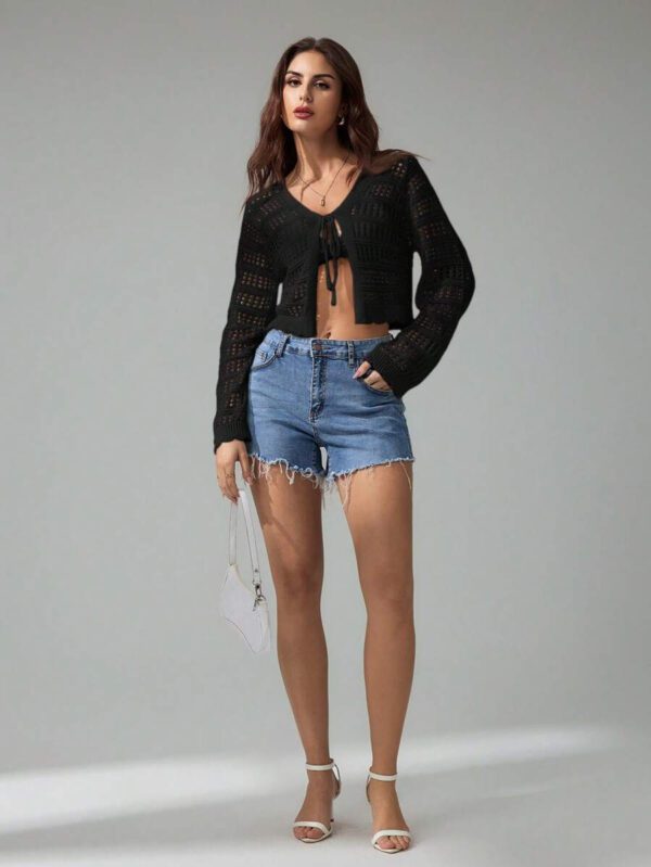 SHEIN Tall Pull tricoté décontracté à manches longues, col en V, lacets, effet ajouré, couleur unie pour femmes – Image 15