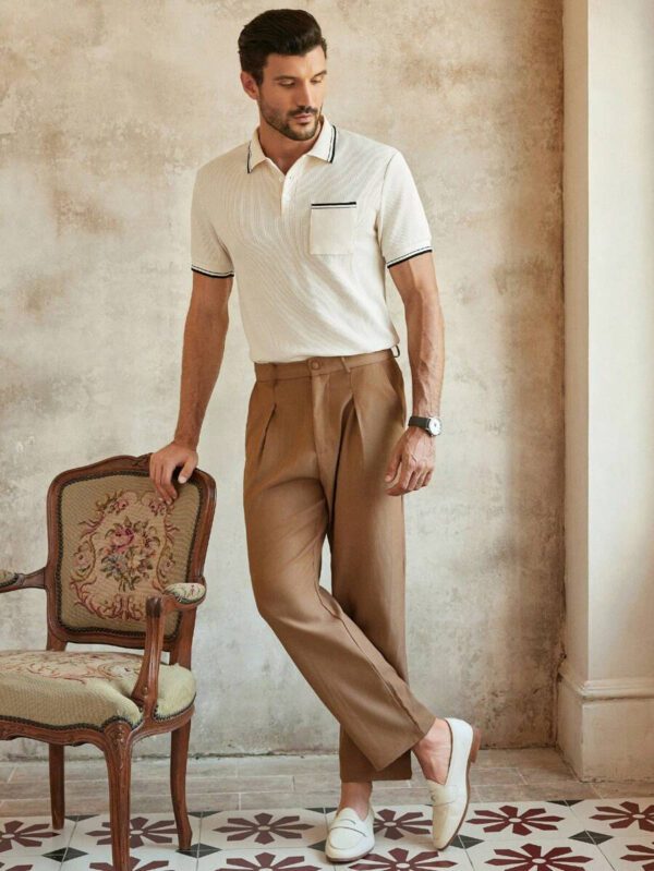 HIMLAND Polo shirt à manches courtes, col plat en tricot rayé, style décontracté pour homme – Image 4