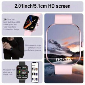 Nouvelle montre connectée Sport unisexe avec écran tactile full touch de 2,01 pouces et bracelet en silicone. Avec plus de 100 modes sport, appel sans fil, connexion sans fil à l'application, caméra à distance, musique sans fil, alarme, prévisions météorologiques, affichage TFT et batterie 180mAh. Cadeau idéal pour les hommes, les femmes, les amis, les amoureux et les parents pour les fêtes