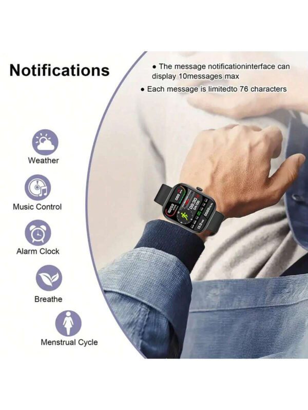 Nouvelle montre connectée Sport unisexe avec écran tactile full touch de 2,01 pouces et bracelet en silicone. Avec plus de 100 modes sport, appel sans fil, connexion sans fil à l'application, caméra à distance, musique sans fil, alarme, prévisions météorologiques, affichage TFT et batterie 180mAh. Cadeau idéal pour les hommes, les femmes, les amis, les amoureux et les parents pour les fêtes – Image 10