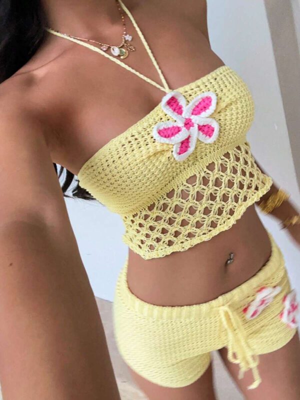 Aloruh Débardeur romantique et mignon pour femmes, en crochet fleuri, avec col ras-du-cou noué, de couleur jaune, adapté pour les vacances et le printemps/été – Image 4