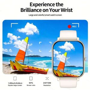 Nouvelle montre connectée de 1,83 pouces avec écran tactile complet, TFT grand écran et bracelet en silicone inclus. Plus de 100 modes sportifs, podomètre, prévisions météorologiques, appel sans fil, batterie 180mAh, notifications, caméra à distance, musique sans fil, fond d'écran personnalisable. Convient comme cadeau pour les étudiants, les personnes âgées, les amoureux, les amis