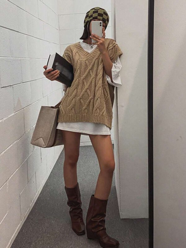 DAZY Gilet sans manches en tricot câblé oversize pour femmes – Image 8