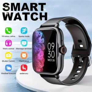 Montre connectée unisexe, réponse d'appel, rappel de message, contrôle de la musique, photographie à distance, compteur de pas, suivi des calories, modes multisports, réveil, notification d'appel et de message, 190mAh, écran tactile full screen de 1,83 pouces, compatible Android et iOS