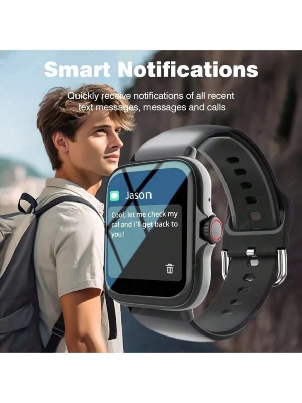 Montre connectée unisexe, réponse d'appel, rappel de message, contrôle de la musique, photographie à distance, compteur de pas, suivi des calories, modes multisports, réveil, notification d'appel et de message, 190mAh, écran tactile full screen de 1,83 pouces, compatible Android et iOS – Image 6