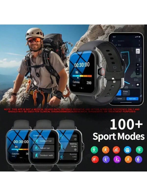 Montre connectée unisexe, réponse d'appel, rappel de message, contrôle de la musique, photographie à distance, compteur de pas, suivi des calories, modes multisports, réveil, notification d'appel et de message, 190mAh, écran tactile full screen de 1,83 pouces, compatible Android et iOS – Image 7