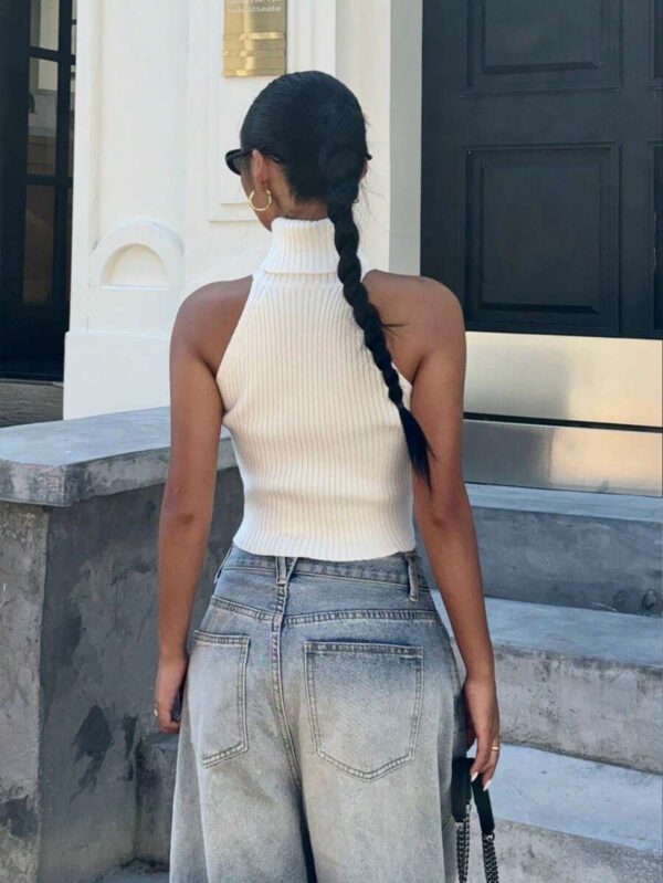 Flirla Top en tricot casual ajusté sans manches de couleur unie col roulé pour femme – Image 3