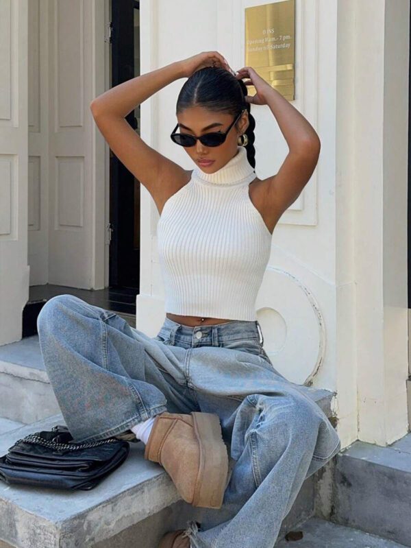 Flirla Top en tricot casual ajusté sans manches de couleur unie col roulé pour femme – Image 4