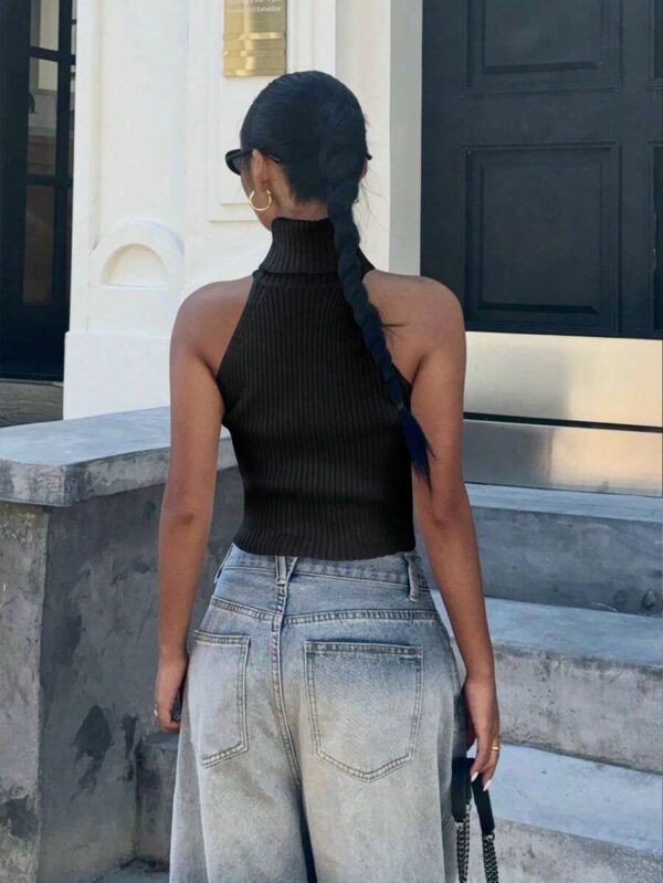 Flirla Top en tricot casual ajusté sans manches de couleur unie col roulé pour femme – Image 15