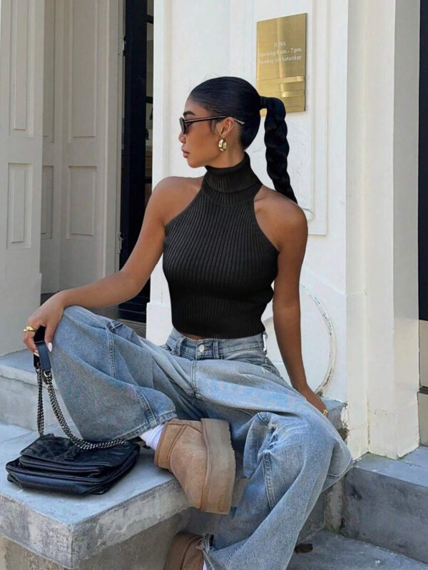 Flirla Top en tricot casual ajusté sans manches de couleur unie col roulé pour femme – Image 16