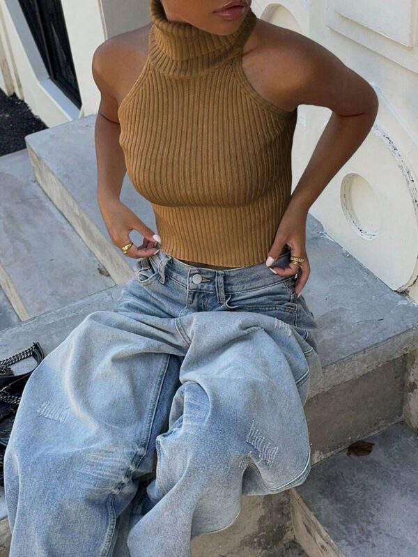 Flirla Top en tricot casual ajusté sans manches de couleur unie col roulé pour femme – Image 26