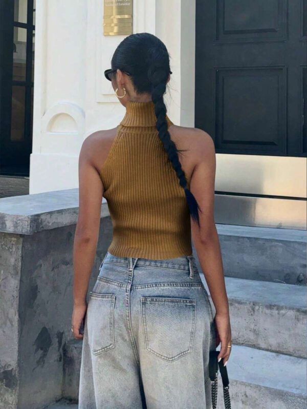 Flirla Top en tricot casual ajusté sans manches de couleur unie col roulé pour femme – Image 27