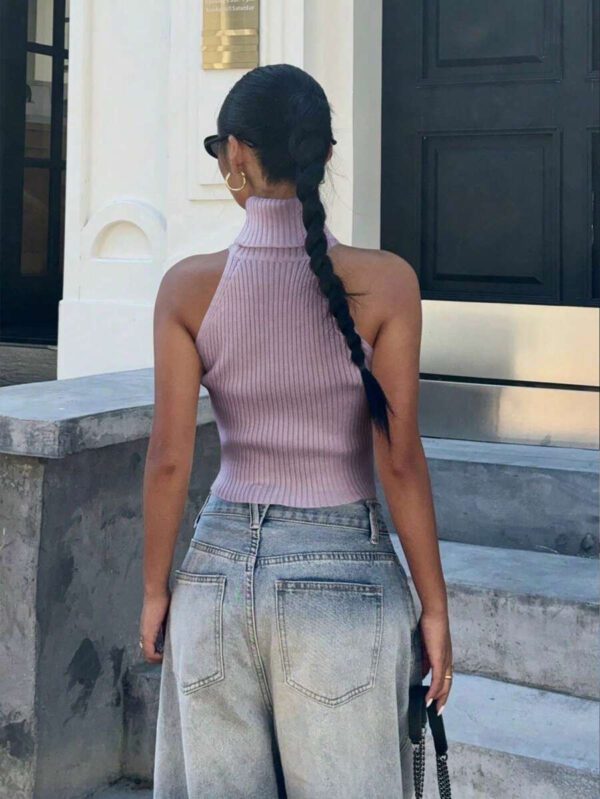 Flirla Top en tricot casual ajusté sans manches de couleur unie col roulé pour femme – Image 33