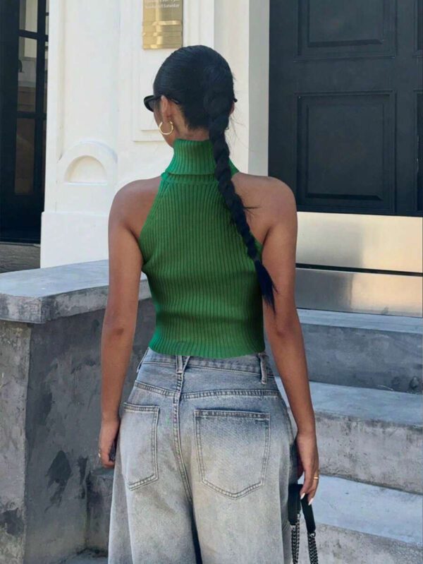 Flirla Top en tricot casual ajusté sans manches de couleur unie col roulé pour femme – Image 39