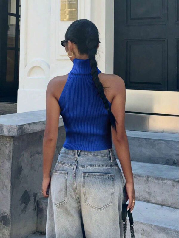 Flirla Top en tricot casual ajusté sans manches de couleur unie col roulé pour femme – Image 45