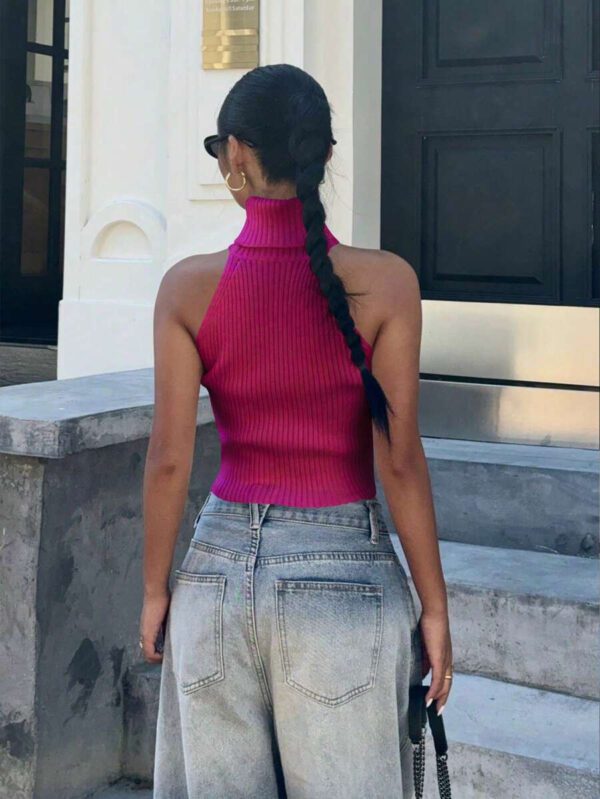 Flirla Top en tricot casual ajusté sans manches de couleur unie col roulé pour femme – Image 51