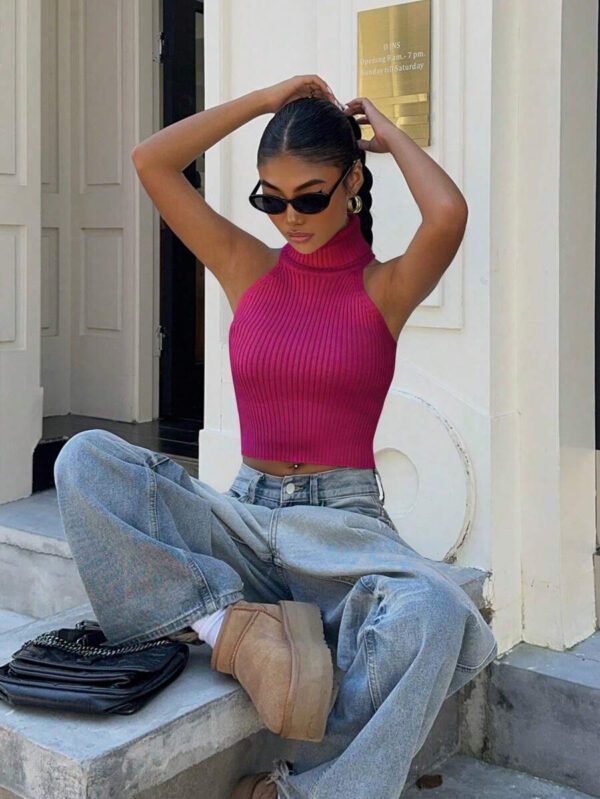 Flirla Top en tricot casual ajusté sans manches de couleur unie col roulé pour femme – Image 54