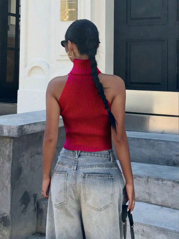 Flirla Top en tricot casual ajusté sans manches de couleur unie col roulé pour femme – Image 57