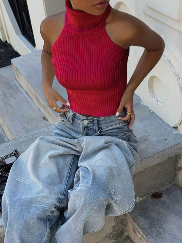 Flirla Top en tricot casual ajusté sans manches de couleur unie col roulé pour femme – Image 61