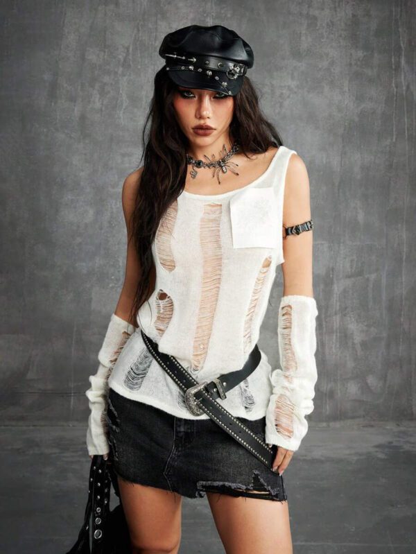 SHEIN EZwear Gilet en tricot fendu avec manches pour femmes, mode printemps/été Y2K grunge pour sortir le soir – Image 4
