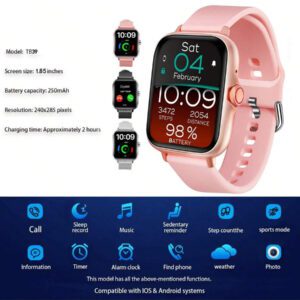 Eytlptoc Montre connectée avec réception d'appels et de messages sans fil, montre de sport multifonction pour la course et la randonnée, grand écran tactile de 1,85 pouce, batterie de 250 mAh, compatible avec les téléphones Android et iOS, design unisexe à la mode.