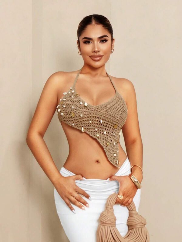 Sirith Top d'été femme avec bretelles en spaghetti, croisé asymétrique, coquillage, perles faites main, paillettes, attache au cou, dos nu, pour plage et maillot de bain – Image 4