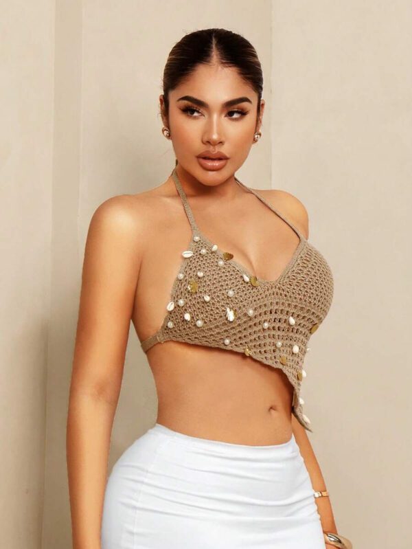 Sirith Top d'été femme avec bretelles en spaghetti, croisé asymétrique, coquillage, perles faites main, paillettes, attache au cou, dos nu, pour plage et maillot de bain – Image 6