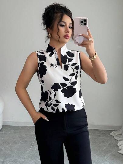 Elenzga Blouse à col V, imprimé de silhouette, sans manches avec demi-patte de boutonnage
