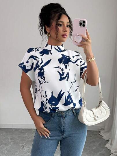 Elenzga Blouse femme à imprimé tout-sur-côté, avec col montant et manches courtes