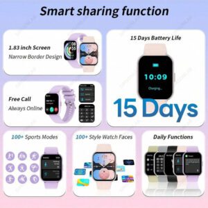 Montre connectée pour femmes, écran tactile plein 1,83", rappel d'appel, plus de 100 modes sportifs, résistance à l'eau 10 m, batterie 280 mAh. Nouvelle montre connectée pour femmes permettant de passer ou de répondre à des appels sans fil, rappel d'informations, cadrans personnalisables. Compatible avec et Android. Cadeau pour femme.