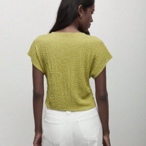 BizChic T-shirt casual à manches courtes avec encolure ronde unie vert et taille froncée pour femmes